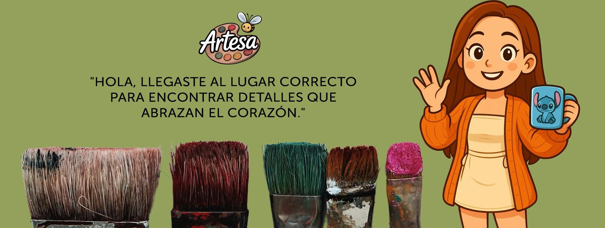 Ilustración de ARTESA con pinceles y mensaje de bienvenida